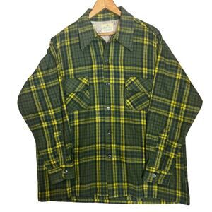 Vintage 60s JB Hunter Mens Size XL Green Yellow Wool Plaid Shirt Button Front